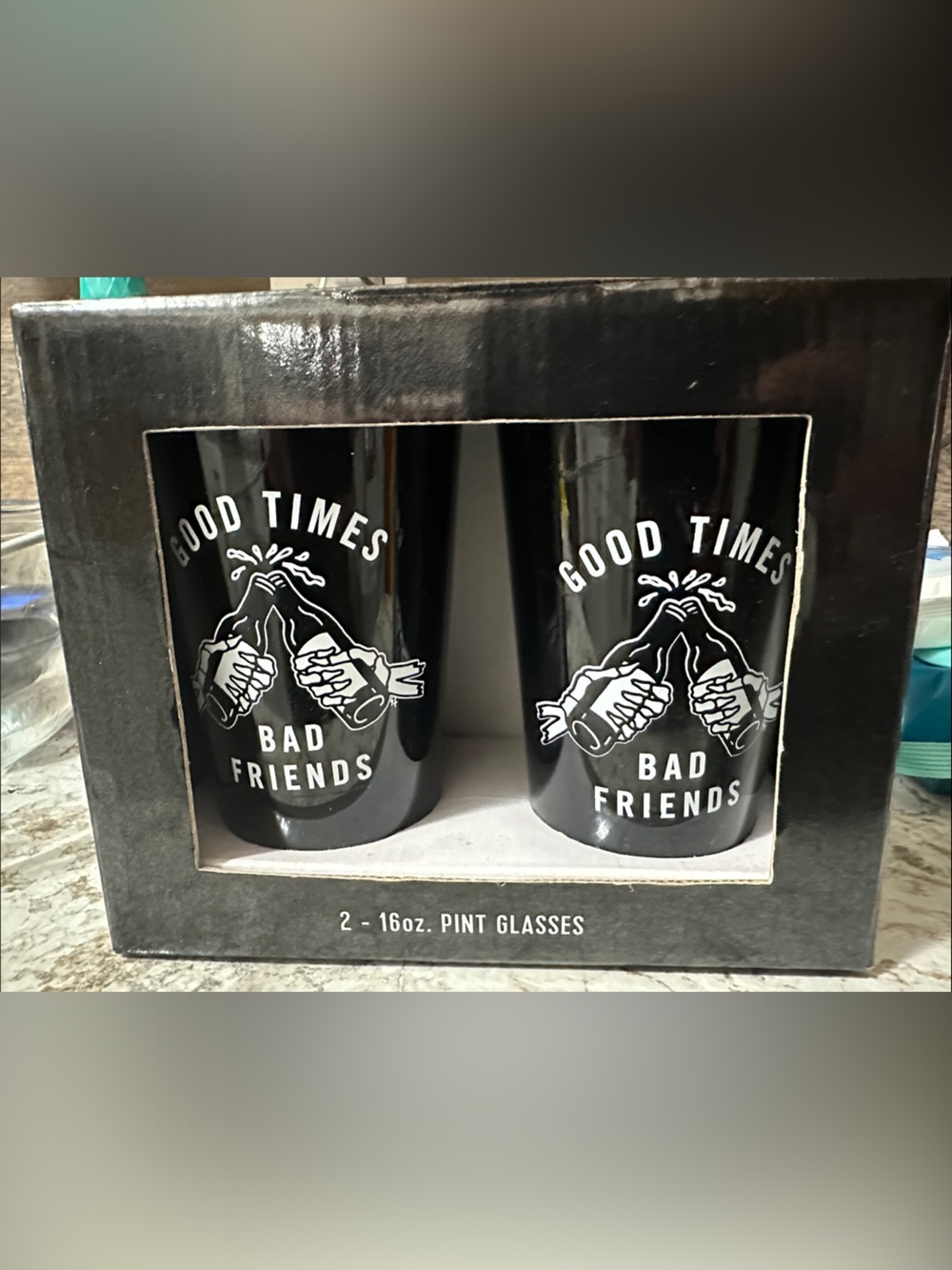 SKETCHY TANK - Good Times Bad Friends Black Pint Glasses - Set of 2 - Vintage